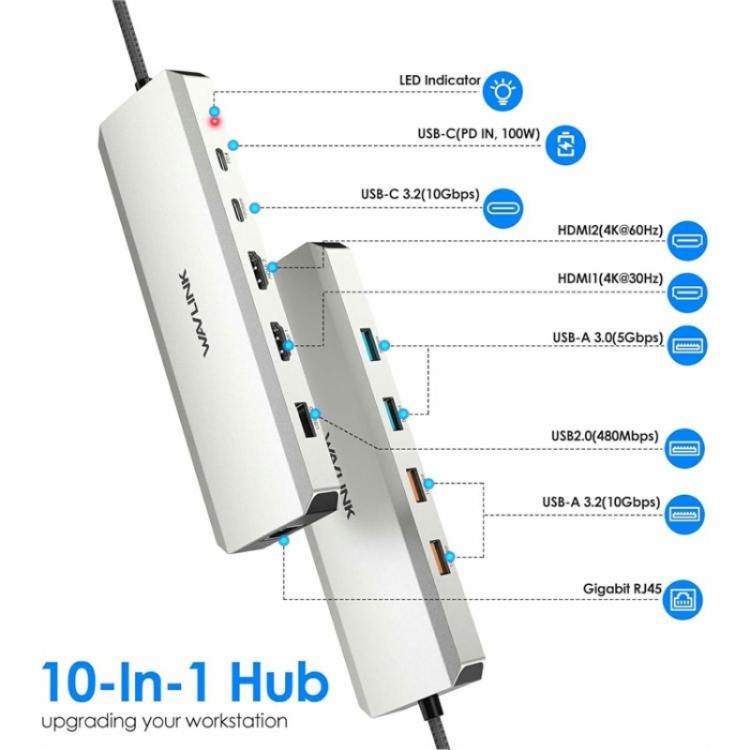 WAVLINK UMD309 Dual HD PD100W 10Gbps USB-A USB-C Docking Station 10 in 1 HUB