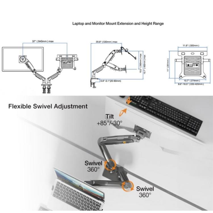 NORTH BAYOU F160-FP Tray Dual Arm Bracket Monitor Desk Mount Adjustable Laptop Holder