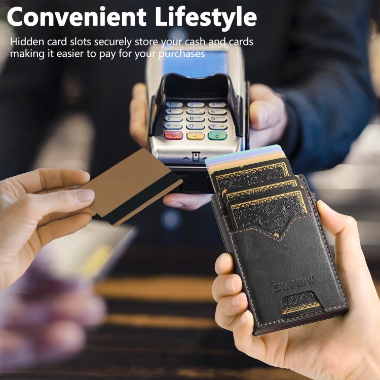 The Suteni denim double-sided card slot button automatically ejects the card box