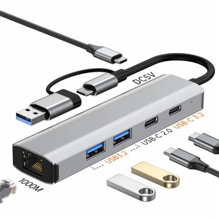 2503 Gigabit RJ45, 2 x USB3.2, USB-C2.0, USB-C3.2, DC5V 6 in 1 Docking Station USB / Type-C Hub