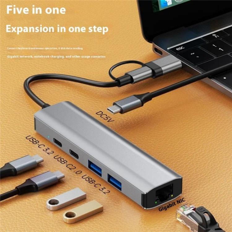 2503 Gigabit RJ45, 2 x USB3.2, USB-C2.0, USB-C3.2, DC5V 6 in 1 Docking Station USB / Type-C Hub