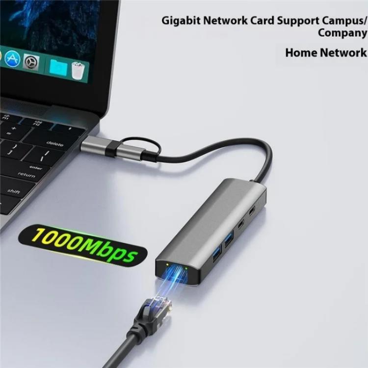 2503 Gigabit RJ45, 2 x USB3.2, USB-C2.0, USB-C3.2, DC5V 6 in 1 Docking Station USB / Type-C Hub