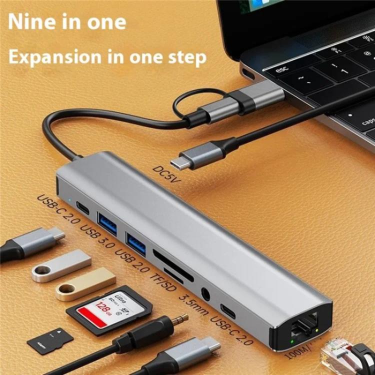 2509 RJ45, USB3.0, USB2.0, USB-C2.0, 3.5mm, DC5V, SD / TF Card Reader Adapter USB-C / USB Hub