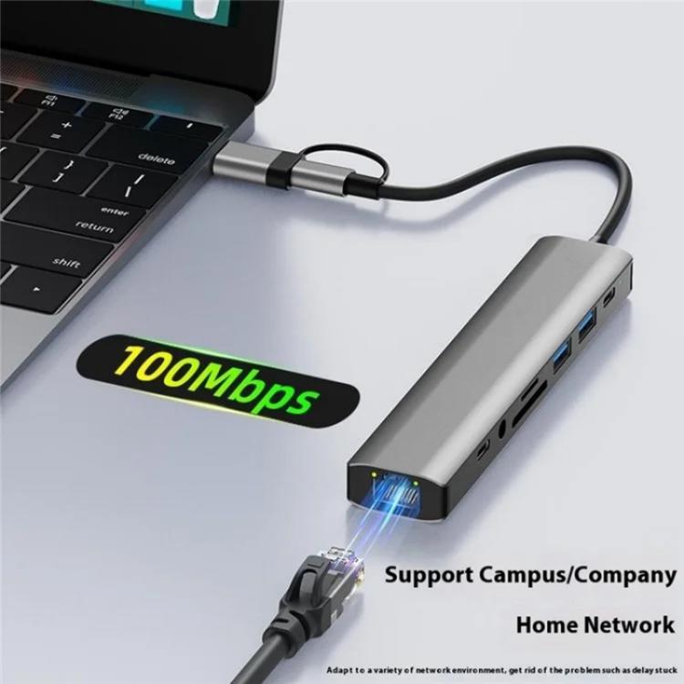 2509 RJ45, USB3.0, USB2.0, USB-C2.0, 3.5mm, DC5V, SD / TF Card Reader Adapter USB-C / USB Hub