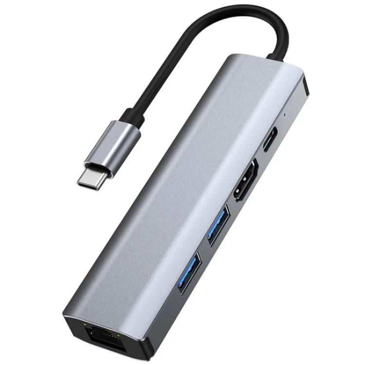 2403 Type-C to 100M RJ45 USB3.0 USB2.0 4K / 30Hz HD PD100W Adapter 5-in-1 USB Hub