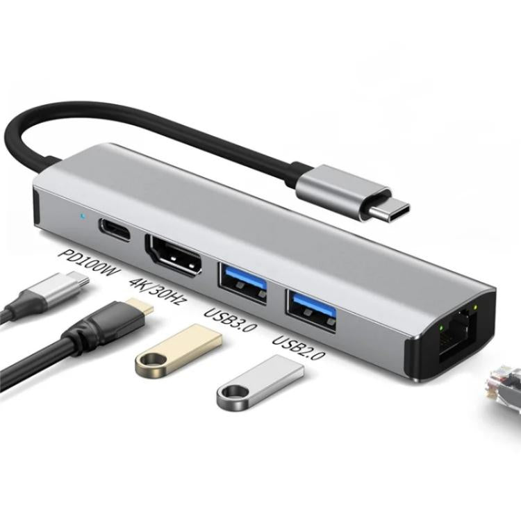2403 Type-C to 100M RJ45 USB3.0 USB2.0 4K / 30Hz HD PD100W Adapter 5-in-1 USB Hub