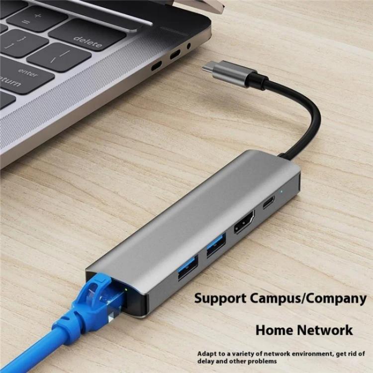 2403 Type-C to 100M RJ45 USB3.0 USB2.0 4K / 30Hz HD PD100W Adapter 5-in-1 USB Hub