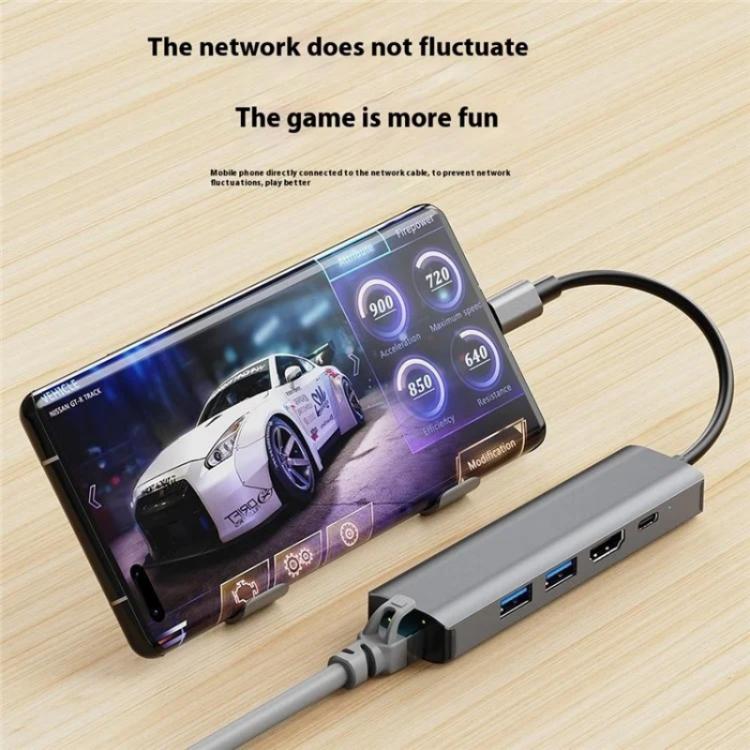 2403 Type-C to 100M RJ45 USB3.0 USB2.0 4K / 30Hz HD PD100W Adapter 5-in-1 USB Hub