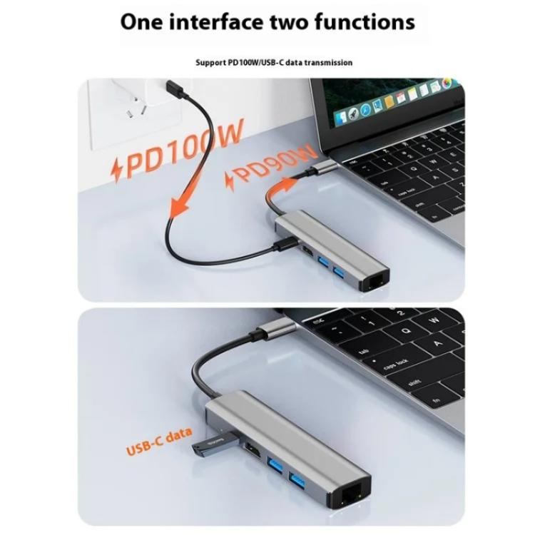 2403 Type-C to 100M RJ45 USB3.0 USB2.0 4K / 30Hz HD PD100W Adapter 5-in-1 USB Hub