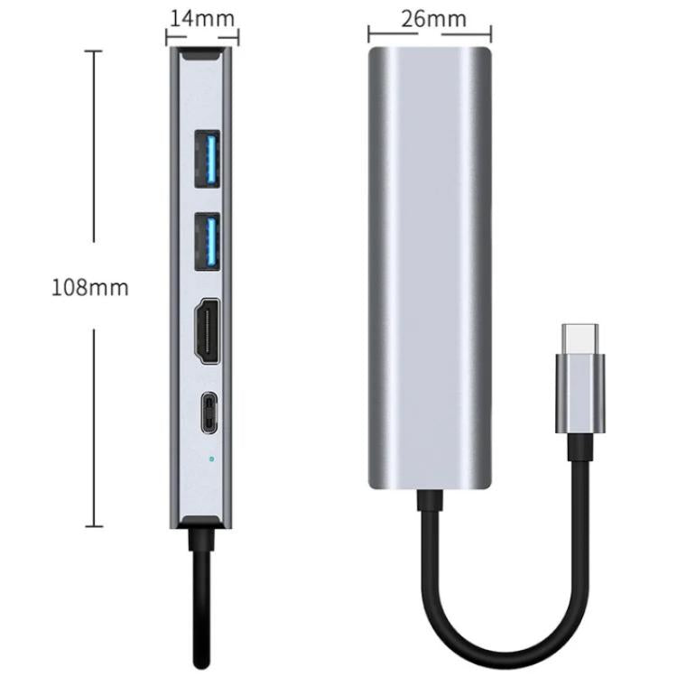 2403 Type-C to 100M RJ45 USB3.0 USB2.0 4K / 30Hz HD PD100W Adapter 5-in-1 USB Hub