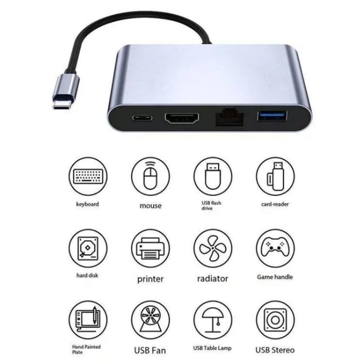 2322 Type-C to RJ45, 4K/30HZ HD, USB 3.0, PD100W Charging Port Aluminum Shell HUB