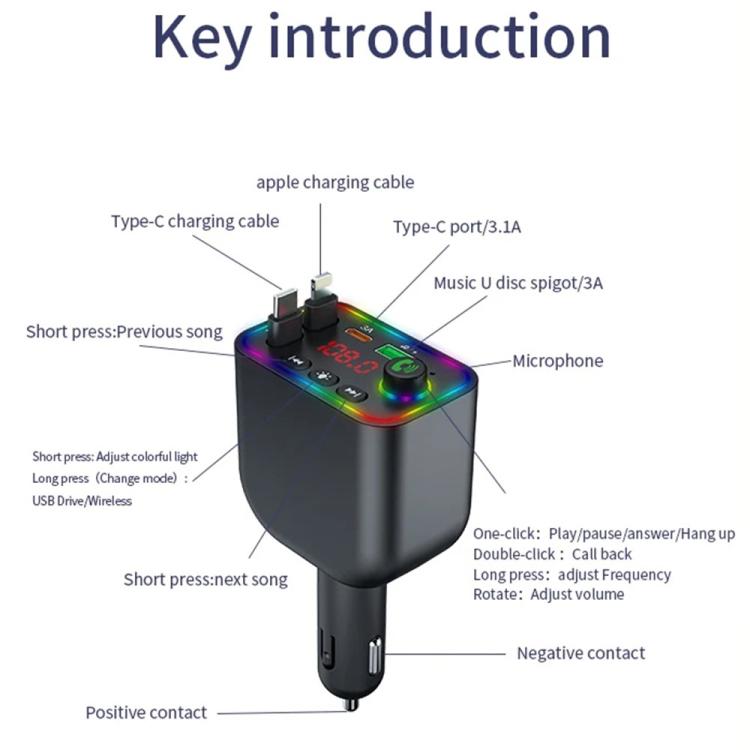 Y4 Retractable Cable Super Fast Charging Car Charger Bluetooth-Compatible MP3 Player