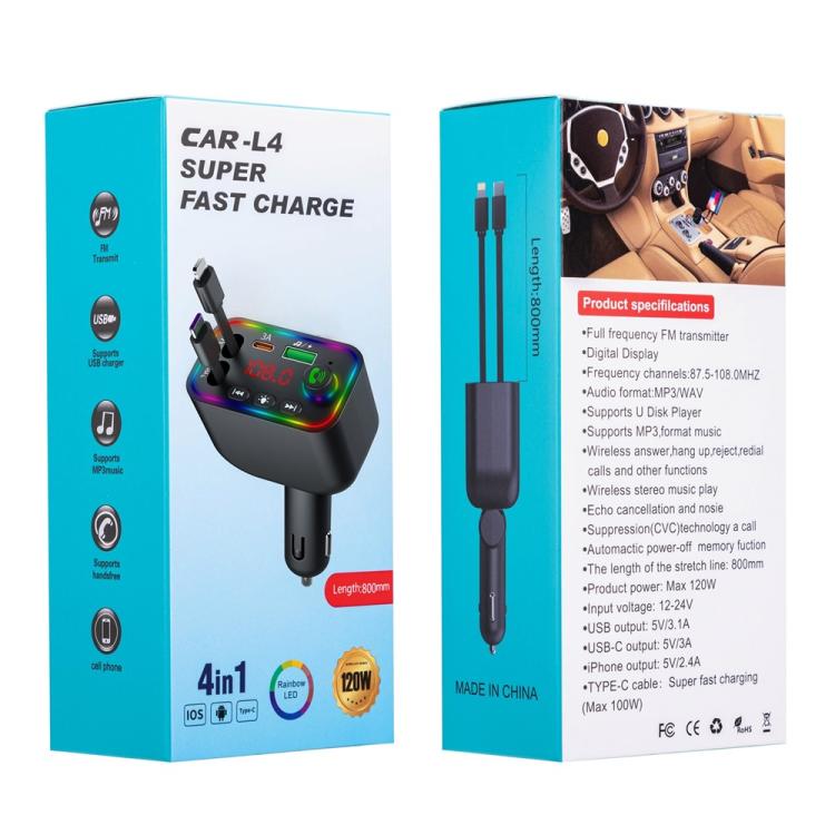 L4 Fast Charging Car Charger MP3 Player Retractable Cable FM Transmitter