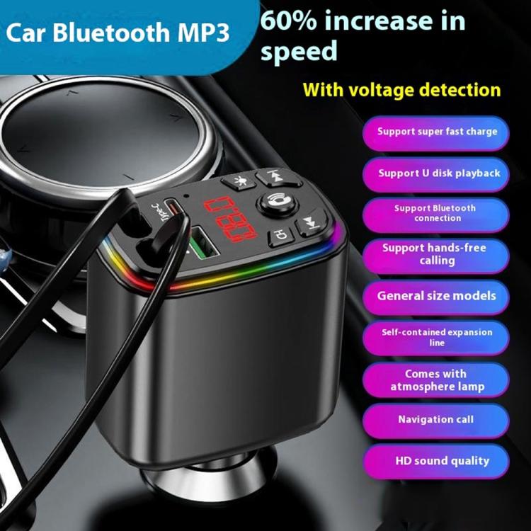 Y9 Retractable Cable Bluetooth FM Transmitter Voltage Display Car Charger MP3 Player