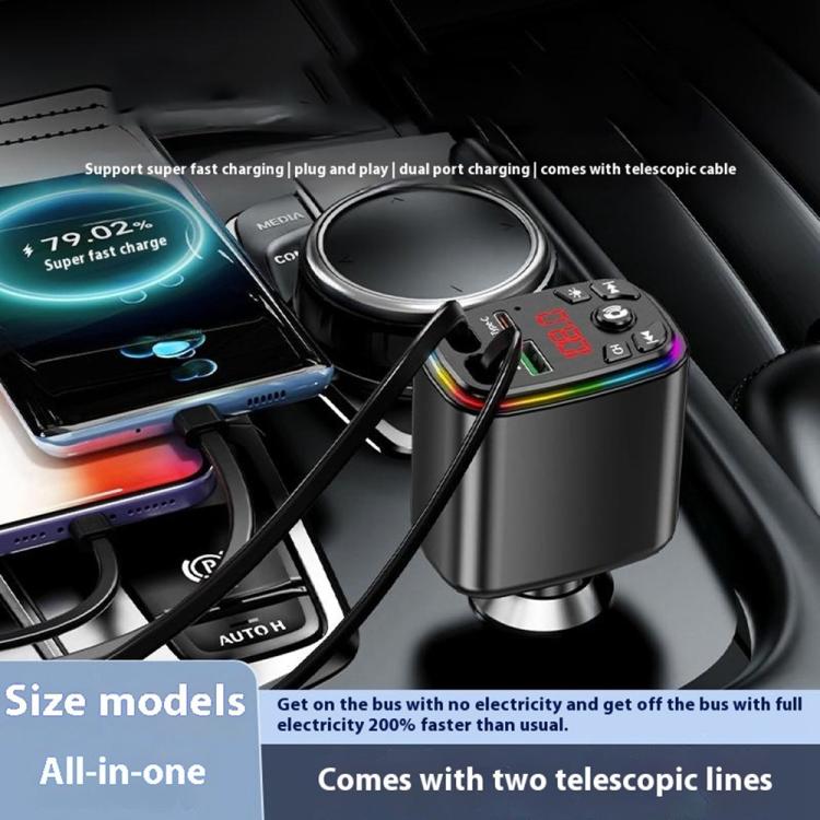 Y9 Retractable Cable Bluetooth FM Transmitter Voltage Display Car Charger MP3 Player