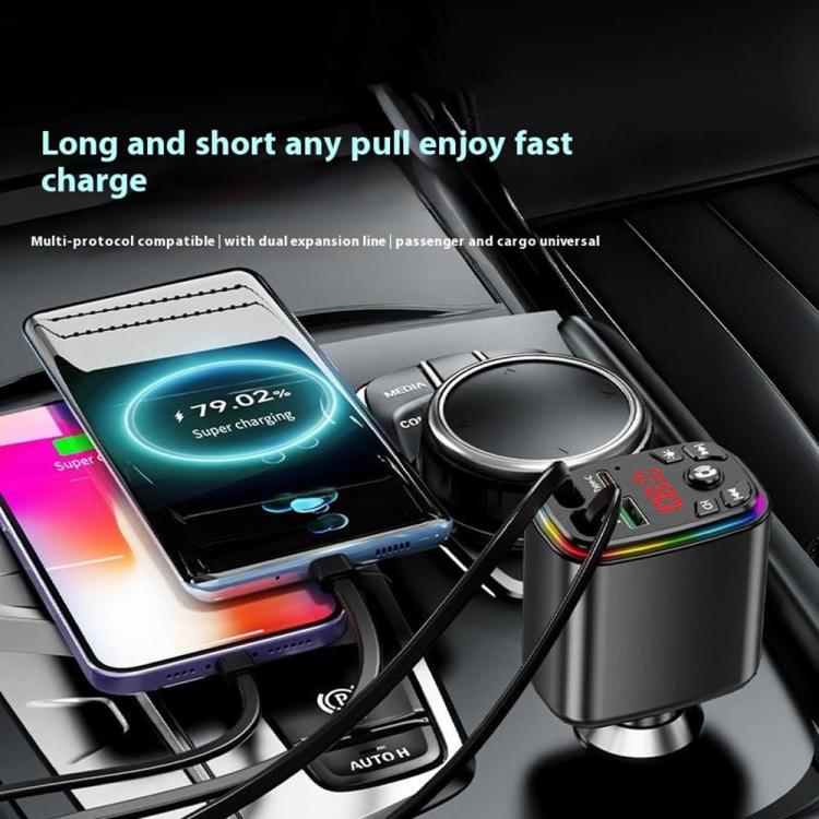 Y9 Retractable Cable Bluetooth FM Transmitter Voltage Display Car Charger MP3 Player