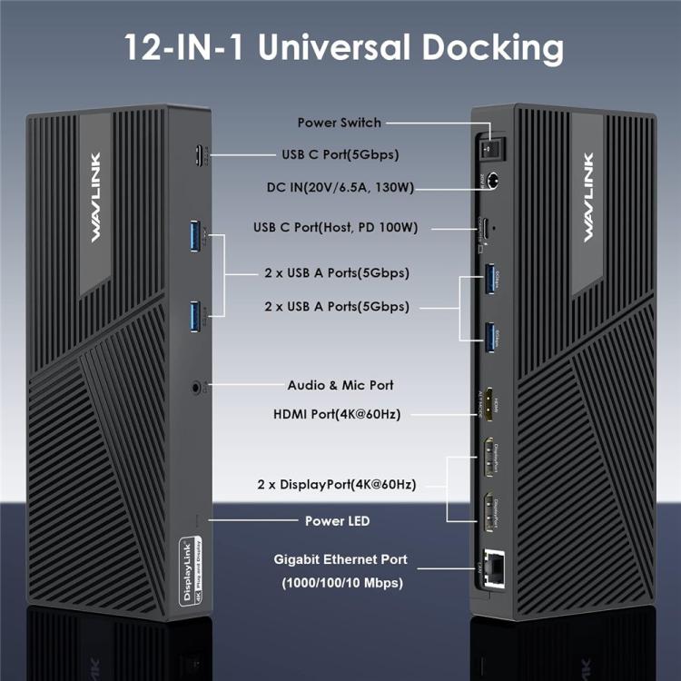 WAVLINK UG69PD24 12-in-1 PD 100W Charging Displaylink Docking Station For Thunderbolt 4 / 3