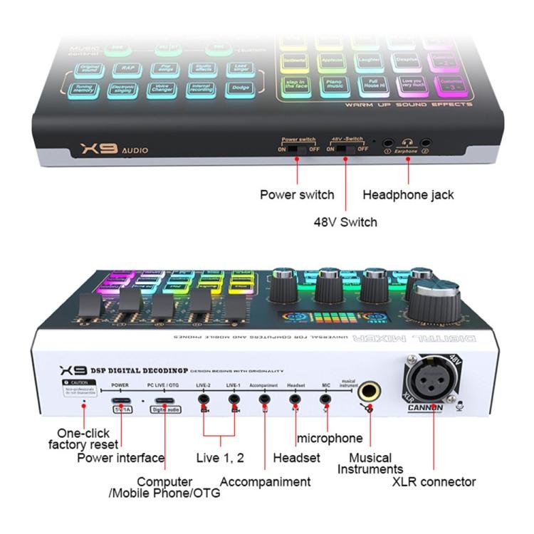 X9 48V Phantom Power Bluetooth Audio Mixer 4-Channel USB Sound Card Voice Changer