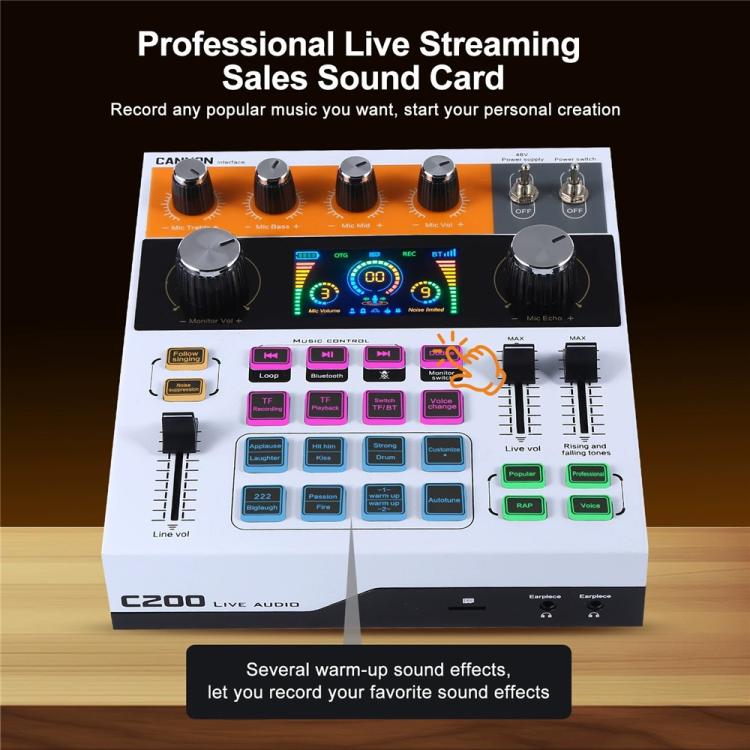 C200 For Live Streaming / Singing Sound Card Audio Mixer Bluetooth Adjustable Mixing Console