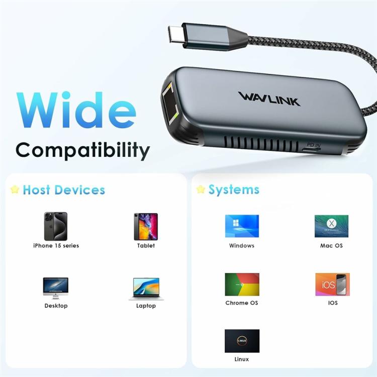 WAVLINK NWU330GD Support 95W PD Output USB-C to RJ45 2.5Gbps Network Converter