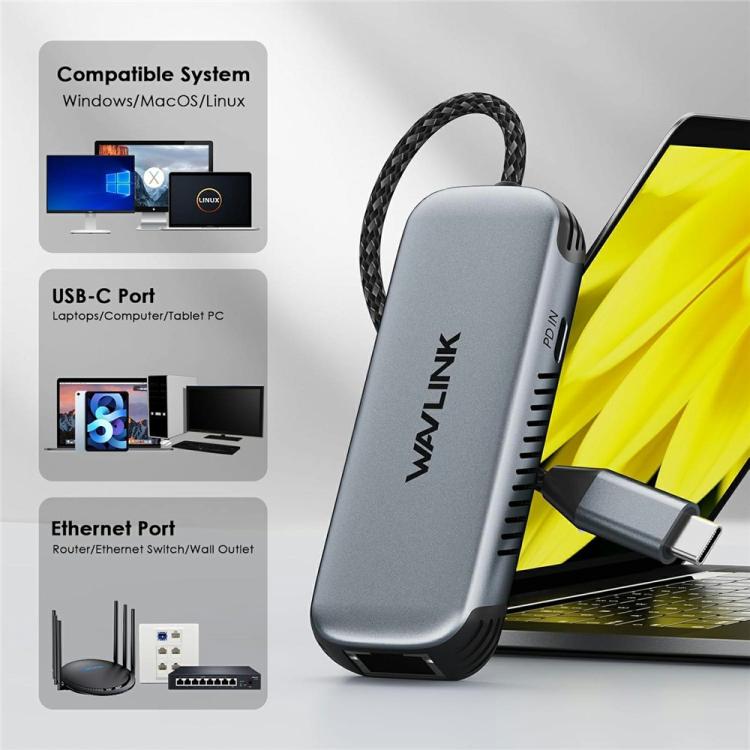 WAVLINK NWU340GD With 95W Charging Port 5Gbps USB-C to RJ45 Ethernet Adapter Converter