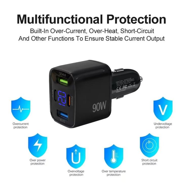 QC4.0 30W + PD3.0 30W LED Digital Display Car Charger