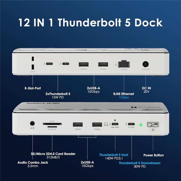 WAVLINK UTD58 12 in 1 120Gbps 140W Thunderbolt 5 Docking Station