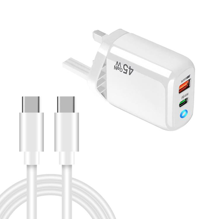 TE-PD45 GaN 45W PD3.0 / Type-C + USB 3.0 Charger with Type-C to Type-C Data Cable, UK  Plug