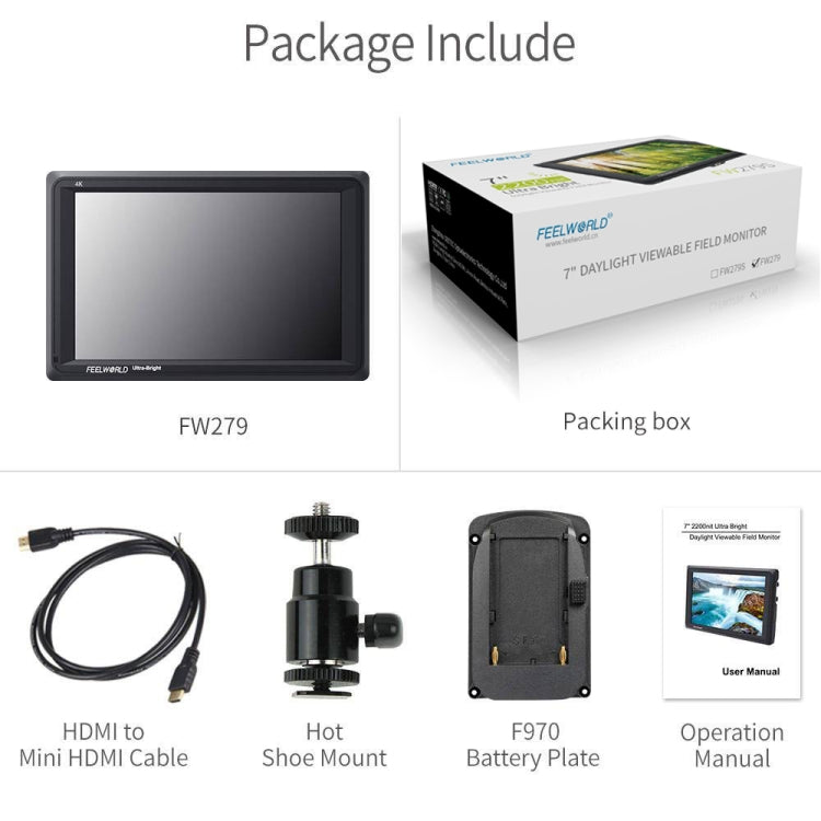 FEELWORLD FW279 7 Inch Ultra Bright 2200nit on Camera Field DSLR Monitor Full HD 1920x1200 4K HDMI Input Output High Brightness for DSLR Stabilizer