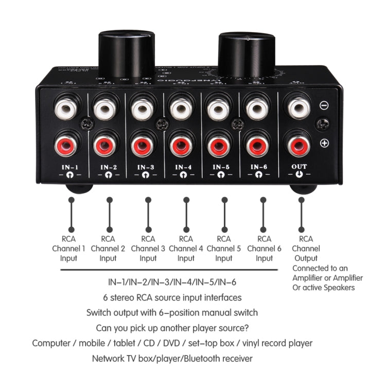 B016 6 Input 1 Output Audio Signal Source Selection Switcher, Output Volume Adjustment Control RCA Port