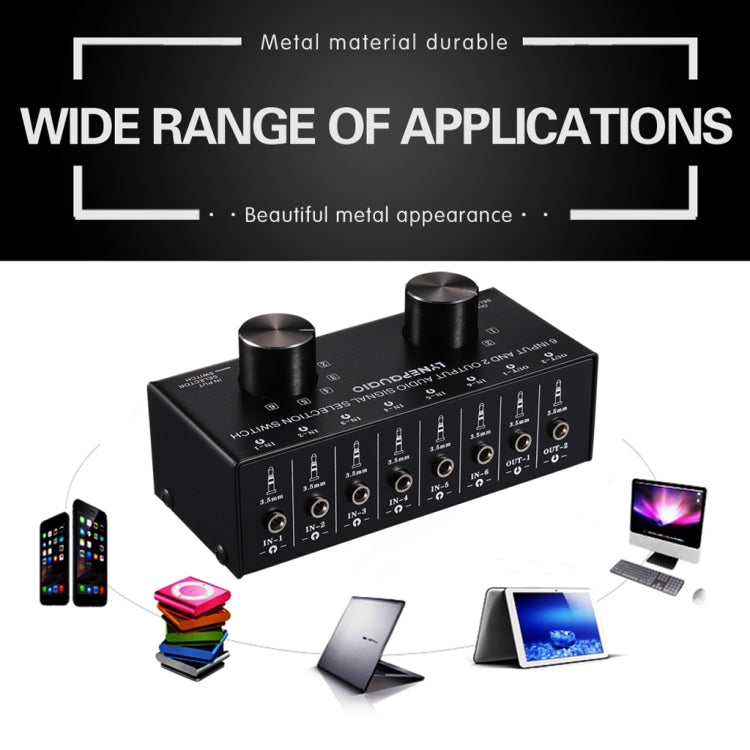 B027 6 input 2 output or 2 input 6 output audio signal source selection switcher 3.5mm interface
