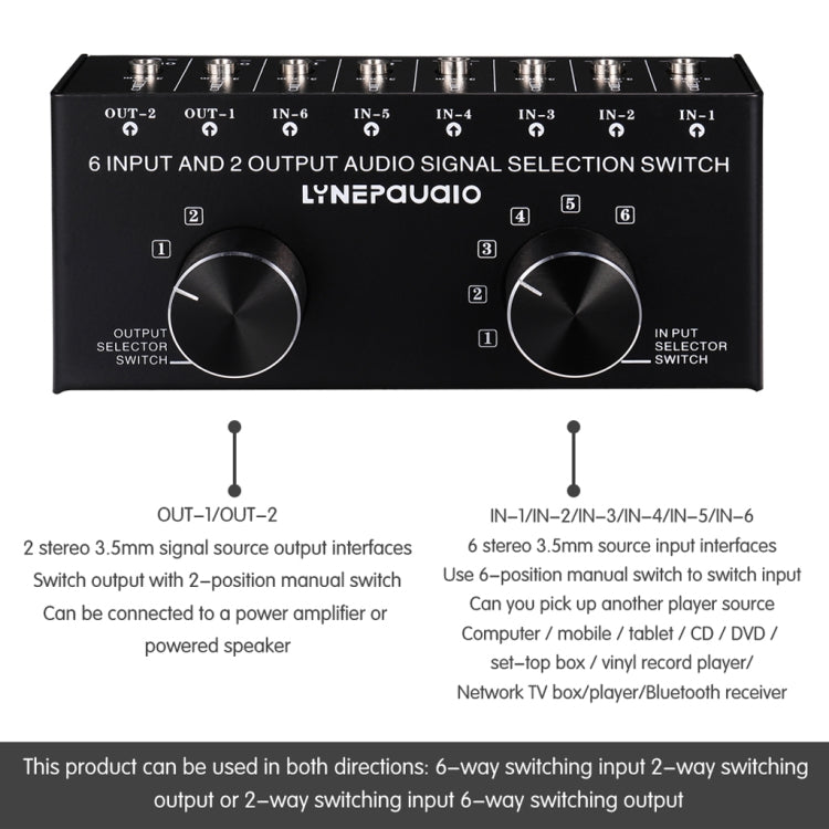 B027 6 input 2 output or 2 input 6 output audio signal source selection switcher 3.5mm interface