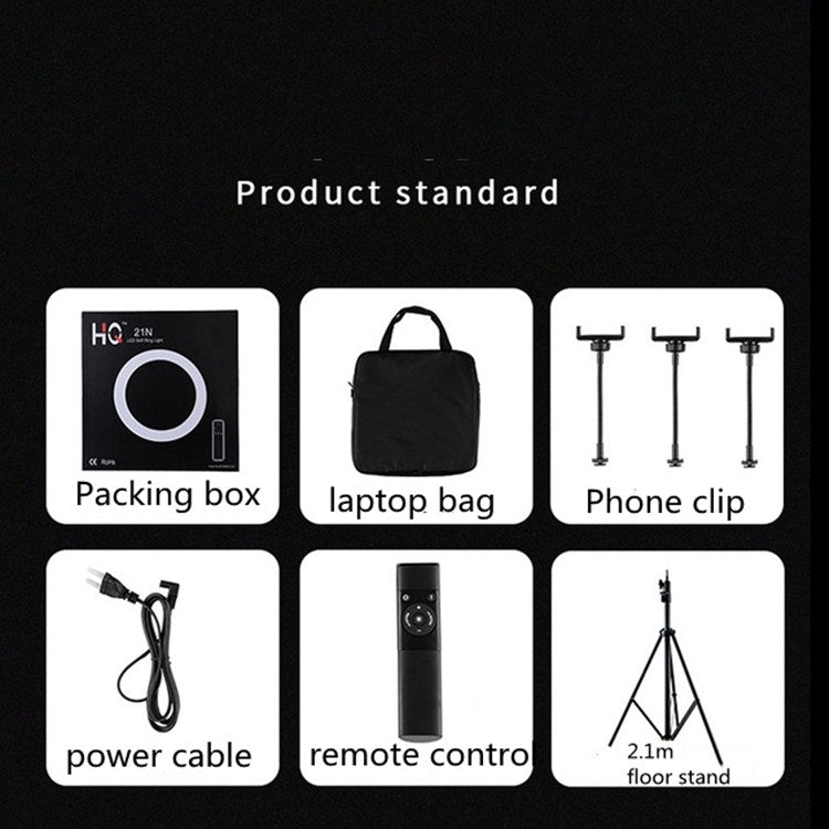 HQ-21N 21 inch 52.5cm LED Ring Vlogging Photography Video Lights Kits with Remote Control & Phone Clamp & 2.1m Tripod Mount, EU Plug