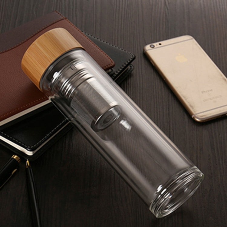 Glass Water Tea Bottles with Infuser Bamboo Lid Double Wall Brief Portable Outdoor Bottle