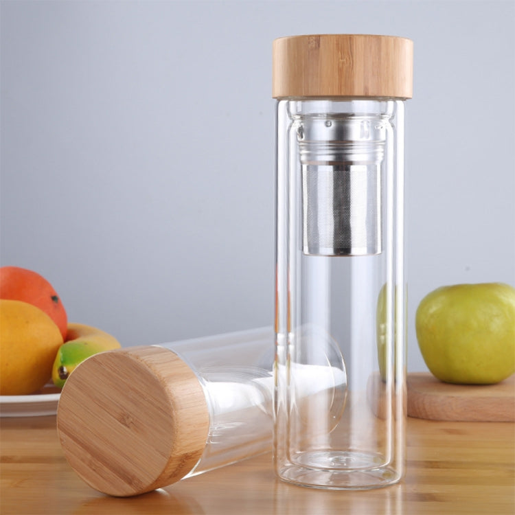 Glass Water Tea Bottles with Infuser Bamboo Lid Double Wall Brief Portable Outdoor Bottle
