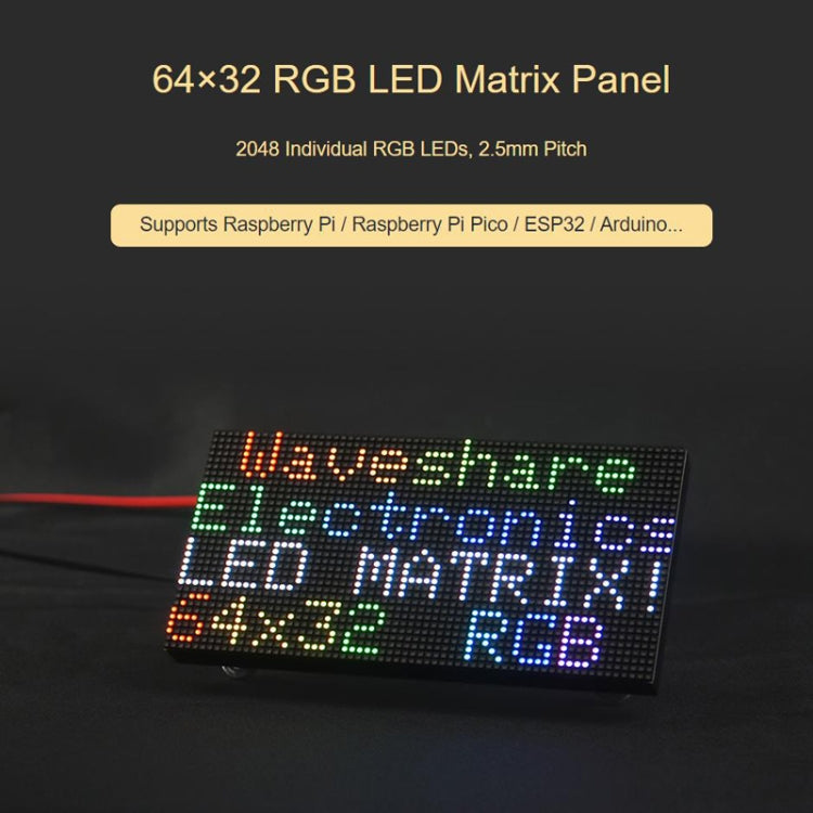 Waveshare RGB Full-color LED Matrix Panel, 2.5mm Pitch, 64x32 Pixels, Adjustable Brightness, 23707