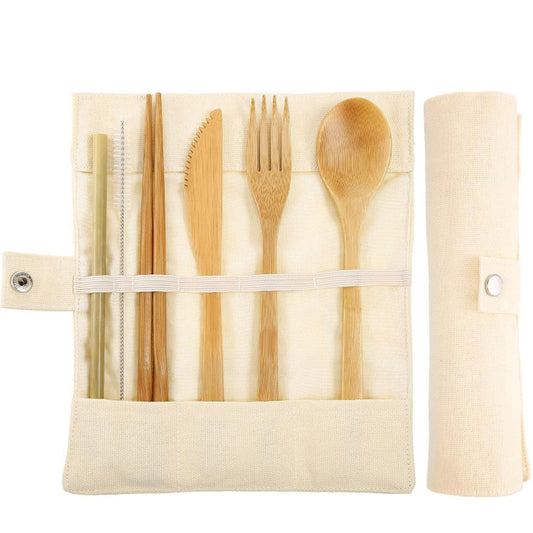 Travel Creative Bamboo Straw Dinnerware Knives Fork Spoon Chopsticks Set with Cloth Bag