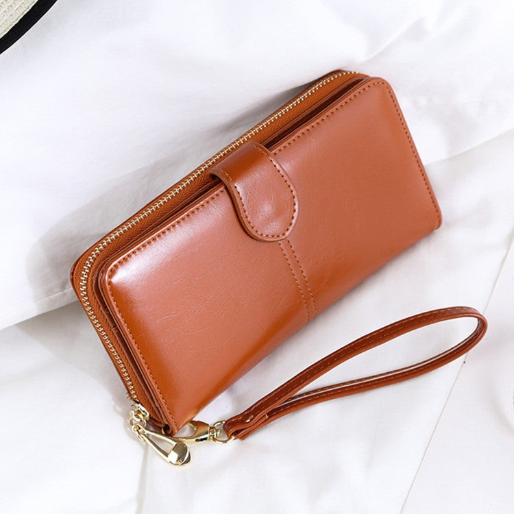 Ladies Oil Wax Leather Retro Long Large Capacity Multifunctional Wallet Clutch Bag