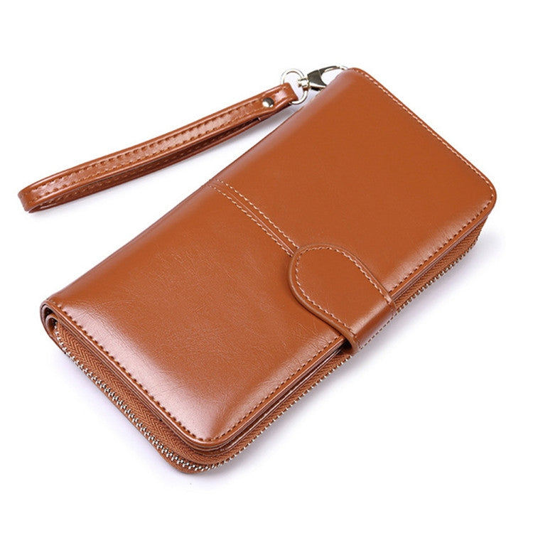 Ladies Oil Wax Leather Retro Long Large Capacity Multifunctional Wallet Clutch Bag