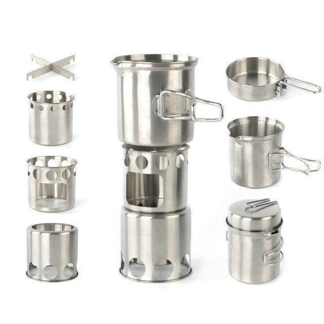 Outdoor Stainless Steel Windproof Stove Portable Camping Roast Stove Set