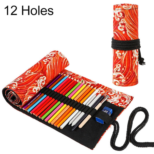 Golden Red Sea Wave Printing Roller Pencil Case Large Capacity Pencilcase Canvas Big Pen Bag