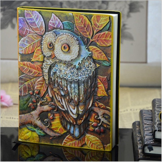 01663 Vintage Thick Handmade Leather Carving Owl Sketchbook Journal Cute Notebook
