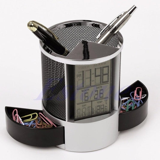 Desk Mesh Pen Pencil Holder Perpetual Calendar Office Supplies Multifunctional Digital LED Pens Storage Box