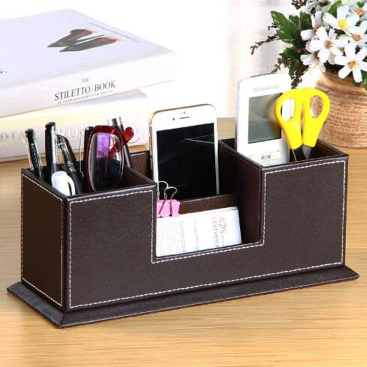 Creative Pen Support Fashion Leather Multifunctional Desktop Office Storage Pen Case Socket Double Pen Holder