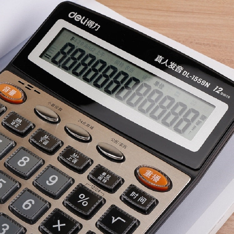 Deli 1559N Live Voice Calculator Multifunctional Office Finance 12-bit Calculator