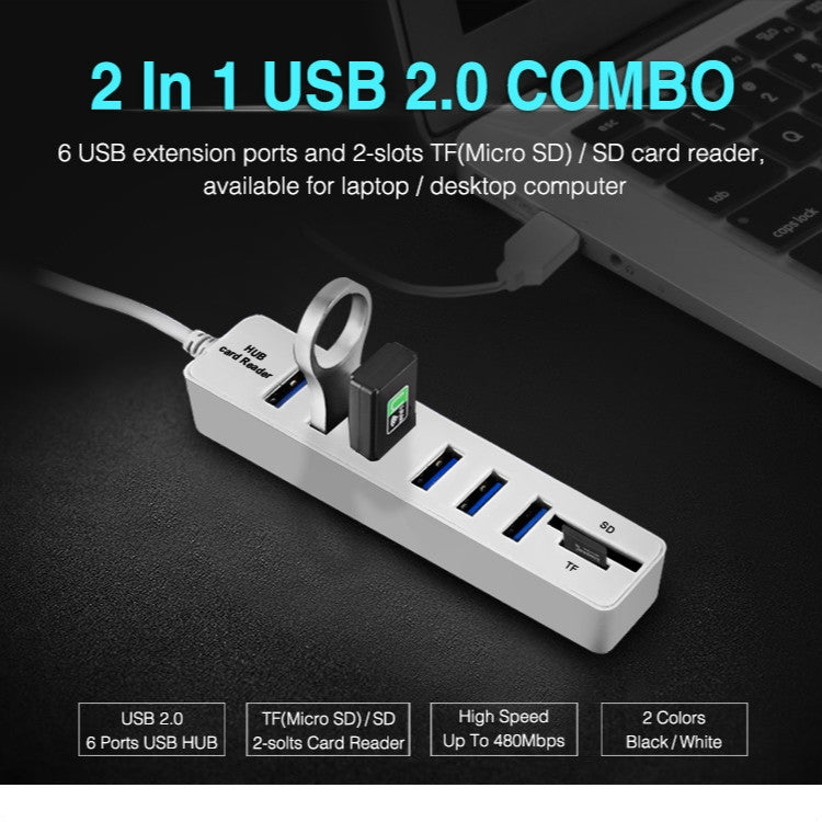 Multi USB 2.0 Hub USB Splitter High Speed 6 Ports with TF SD Card Reader