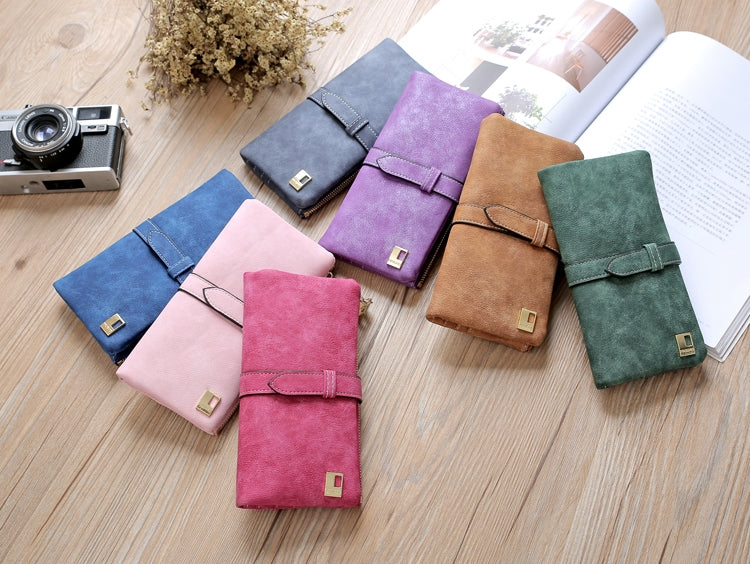 Solid Drawstring Nubuck Leather Zipper Long Women Wallet Phone Bag Purse Card Holder