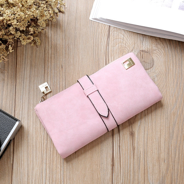 Solid Drawstring Nubuck Leather Zipper Long Women Wallet Phone Bag Purse Card Holder