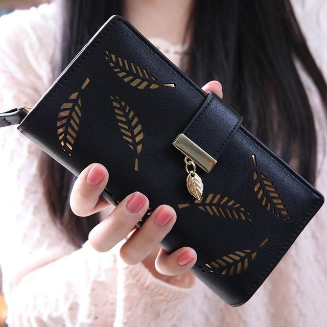 Long Gold Hollow Leaves Coin Purse Card Holders Wallet for Women