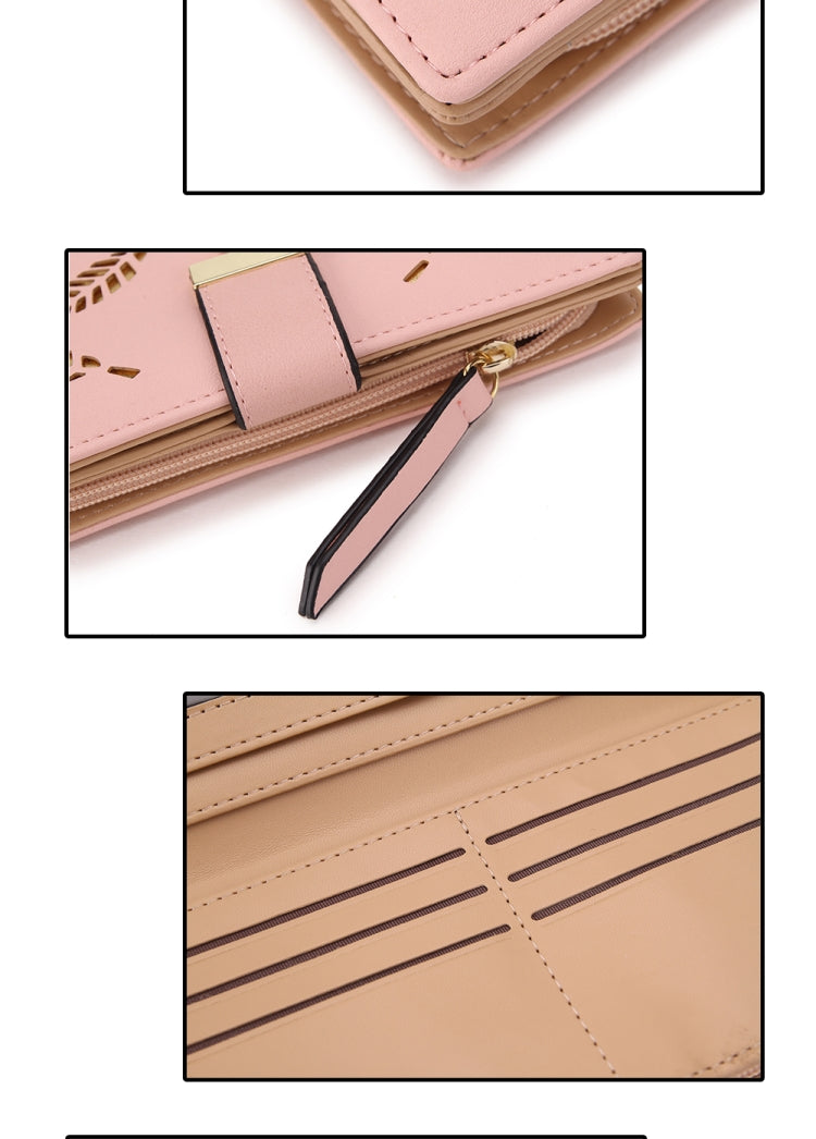 Long Gold Hollow Leaves Coin Purse Card Holders Wallet for Women